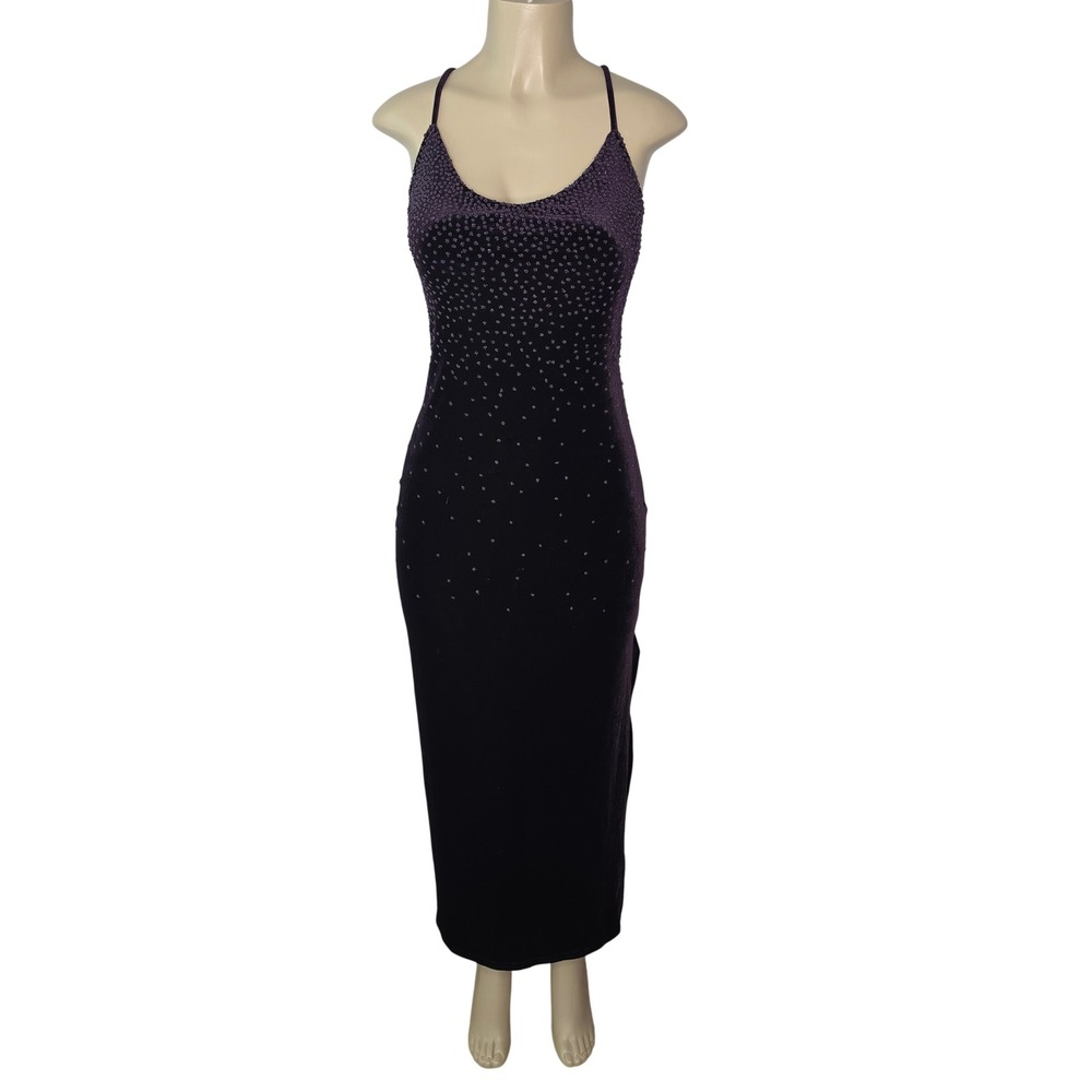 City Triangles Dress Womens M Purple Beaded Velvet Maxi Deep Scoop Back 90s USA